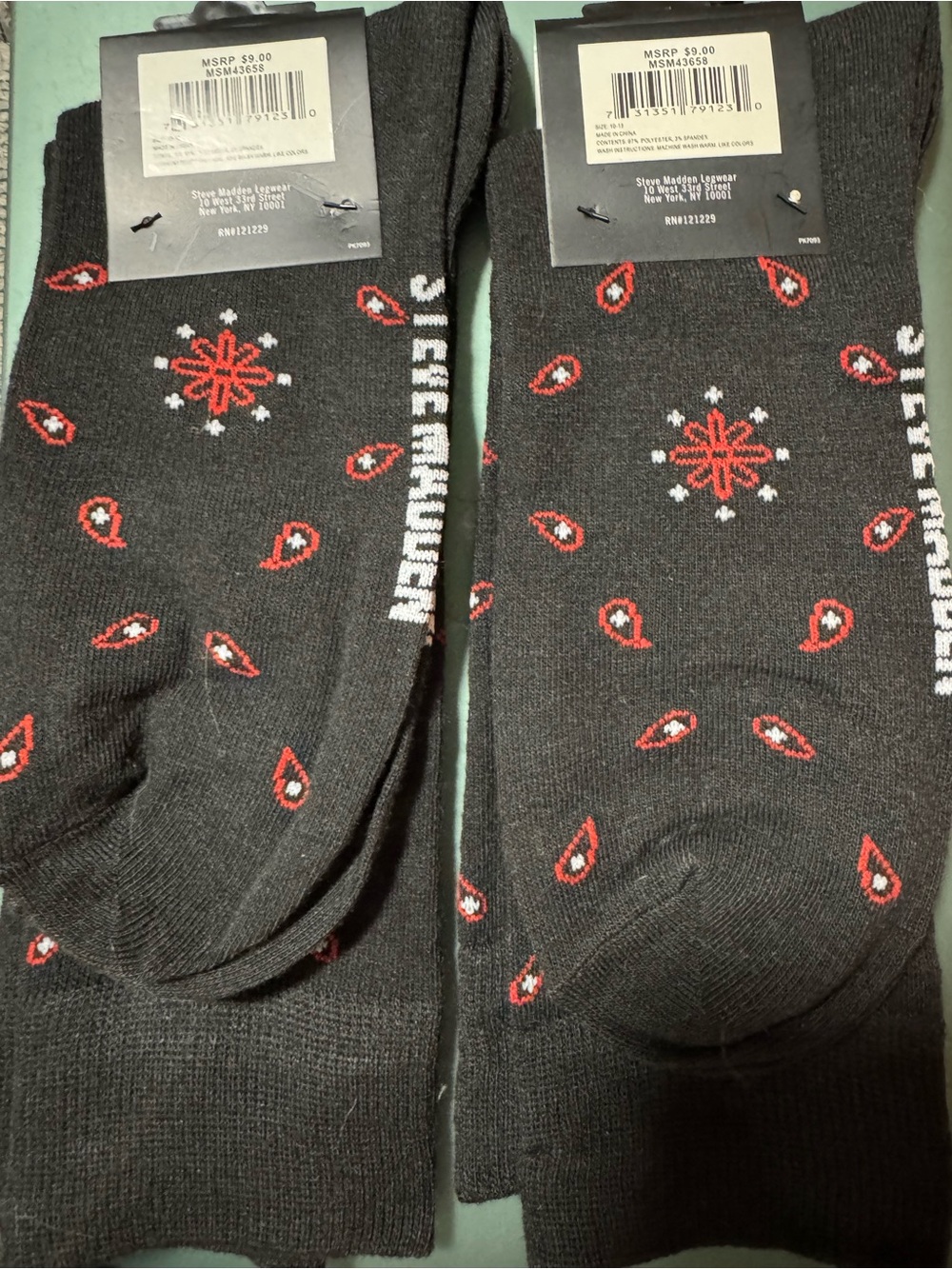 Steve Madden Black Crew Socks with Red Paisley and White Logo
